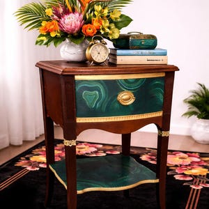 Malachite Accent Table – Hand Painted Nightstand in Rich Walnut, Gold & Green | Hollywood Regency Statement Side Table