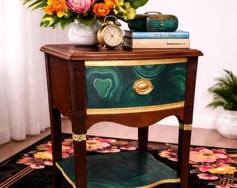 Malachite Accent Table – Hand Painted Nightstand in Rich Walnut, Gold & Green | Hollywood Regency Statement Side Table