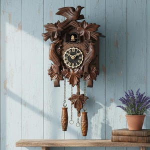 May include: A dark brown wooden cuckoo clock with a bird on top, leaves, and decorative carvings. The clock has a black and gold face and hanging weights. A small potted plant and books sit on a wooden shelf below.