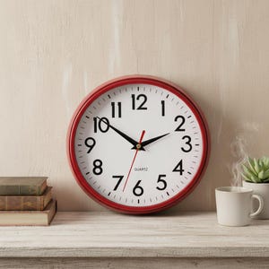 May include: A round wall clock with a red frame. The clock face is white with black numerals and hands, and a red second hand. The word "QUARTZ" is printed on the clock face. The clock is on a white surface.