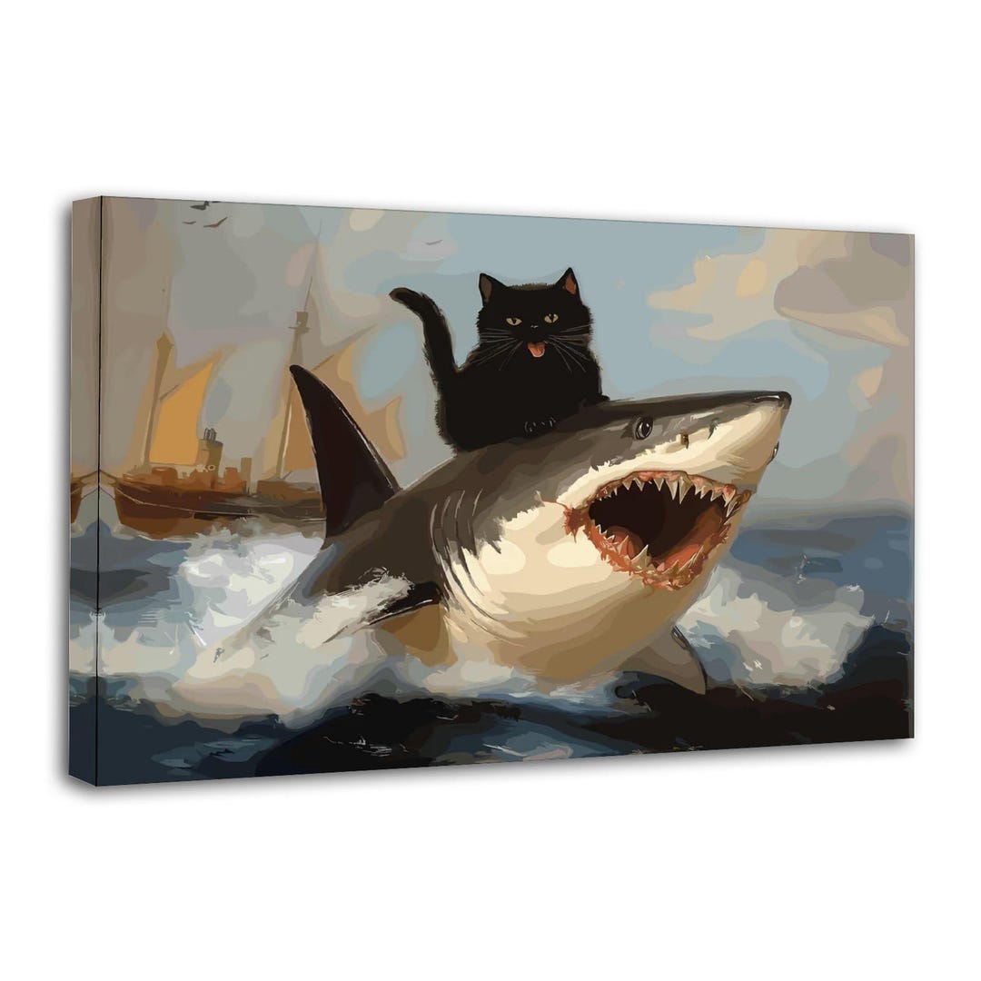 Funny Cat Riding Shark Canvas Wall Art Poster Picture Print Living Room ...