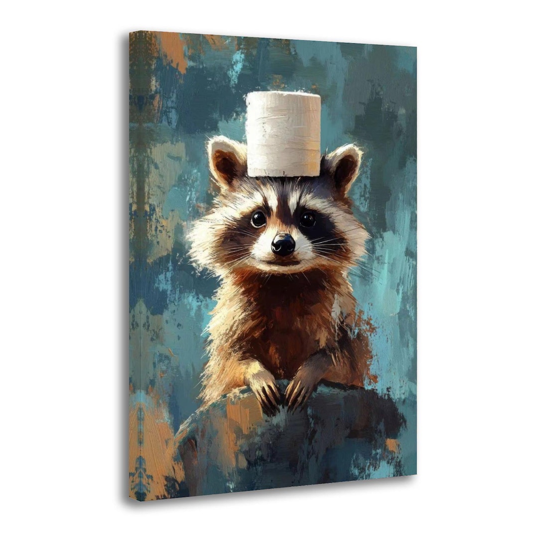 Raccoon With Toilet Paper Hat Bathroom Art Canvas Wall Art Poster ...