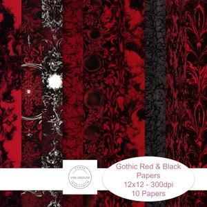Gothic Black & Red digitaal papierpakket - 12X12, 300 DPI, PNG met sierlijke ontwerpen - een rood en zwart patroon -