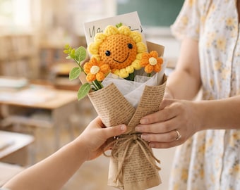 Crochet Flower Bouquet Handmade, Knitted Flower Gift, Thank You Teacher Gift, Teacher Appreciation Gift, Cute Teacher Gift, Desk Decor