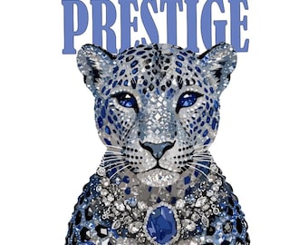 Prestige Leopard PNG PDF | Blue Leopard Luxury Design | Rhinestone Diamond Necklace Luxury Wild Cat Glam | Trendy Fashion Graphic