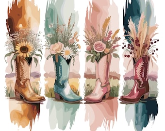 Cowgirl Boots PNG SVG | Western Floral Boots PDF | Boho Cowboy Boots | Brushstroke Western Design | Cricut svg, Sublimation png