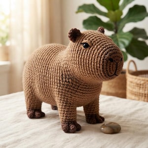 May include: A brown crocheted capybara plush toy with a rounded body, small ears, and dark eyes. The figure stands on four short legs and features a stitched nose and mouth detail. A single smooth, greyish-brown stone sits on the surface nearby.