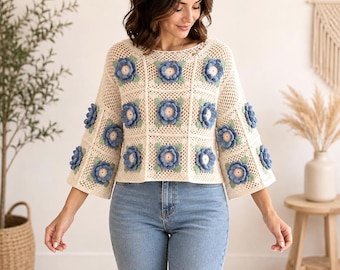 Botanical Bloom Crochet Sweater Pattern | 3D Floral Granny Square Pullover (PDF)