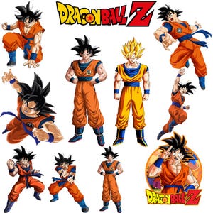 May include: A selection of Dragon Ball Z character illustrations. The characters are shown in dynamic poses, dressed in orange and blue attire. The Dragon Ball Z logo is in yellow and red. The characters have black and yellow spiky hair.