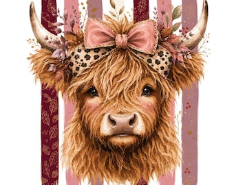 Highland Cow Fall PNG, Pink Bow Autumn Sublimation Design, Floral Farmhouse Shirt Graphic Download