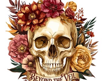 Beyond The Veil Skull PNG SVG | Floral Skull Clipart | Gothic Skull PDF | Dark Aesthetic Digital Download (300dpi png,dti,dtg)