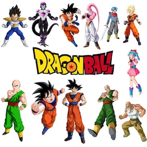 Puede incluir: Una colección de personajes de Dragon Ball en varias poses de acción. La imagen presenta personajes como Goku, Vegeta y Freezer, con el logotipo de Dragon Ball en amarillo y rojo.