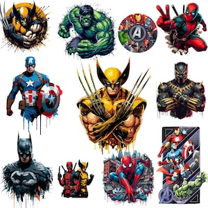 Può includere: Una collezione di illustrazioni colorate di supereroi, tra cui Wolverine, Hulk, Captain America, Batman, Deadpool e Spider-Man. Ogni personaggio è raffigurato in una posa dinamica con colori vivaci e dettagli artistici, per i fan dei fumetti.