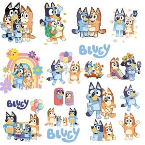 Peut inclure: Une collection d'autocollants des personnages Bluey représentant Bluey et Bingo dans diverses poses, notamment en train de s'enlacer, de jouer avec des ballons, de porter des couronnes et sous un arc-en-ciel. Le mot Bluey apparaît en bleu.