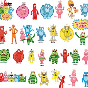 May include: A collection of colorful cartoon characters from the children's show Yo Gabba Gabba. The image features characters like Foofa, Brobee, Muno, Plex, and Toodee, along with the show's logo. The characters are in various poses and colors.
