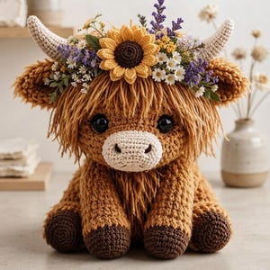 May include: A crocheted Highland cow plush toy with shaggy brown yarn, large black eyes, and a cream-colored muzzle. The cow features two light-colored horns and a decorative crown of fabric sunflowers, lavender sprigs, and small white daisies.