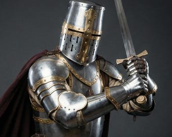 May include: A full suit of medieval armor, including a helmet, chest plate, and leg guards. The armor is silver with gold accents and a burgundy cape. A sword is held in a defensive stance.