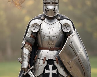 Full Suit of Templar Knight Armor | Medieval Crusader Steel Plate for LARP & Cosplay | Wearable Holy Warrior Costume with Great Helm