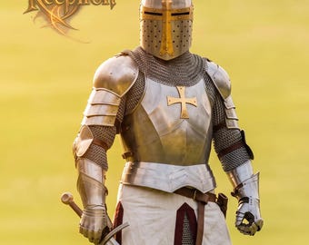 Medieval Crusader Full Suit of Armor | Knights Templar Plate Armor with Great Helm & Chainmail | Wearable LARP Cosplay Gear