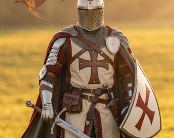 Medieval Templar Knight Armor Suit | Full Crusader Costume with Great Helm, Surcoat, Cape & Shield | LARP, Cosplay, Ren Faire