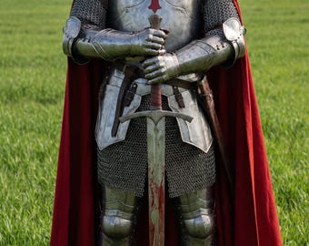 Armadura templaria medieval de cuerpo entero, armadura de acero de cruzado con cruz roja y capa, ideal para Halloween y cosplay. Regalo para él.