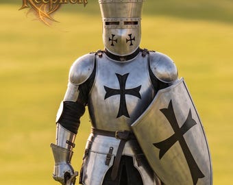 Wearable Medieval Templar Knight Armor Suit | Full Steel Crusader Plate Armor with Great Helm Shield | LARP, Cosplay & Reenactment