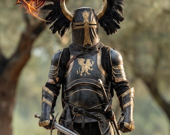Armadura épica de caballero negro de fantasía / Cresta de grifo dorado y casco de cuernos emplumados / Traje completo de cruzado medieval para feria renacentista