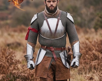 Conjunto de armadura medieval de caballero ponible / Coraza, hombreras y guanteletes de acero / Armadura de placas para LARP / Disfraz de cosplay renacentista