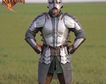 Armadura medieval de placas de acero / Conjunto completo de armadura de caballero con casco y cota de malla / Disfraz de guerrero para LARP, cosplay y ferias renacentistas