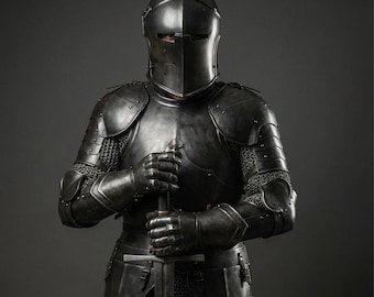 Armadura de caballero de Barbuta Oscura: acero de calibre 18, cosplay medieval, hombrera, conjunto de piernas, casco, guanteletes, brazaletes y regalos de Halloween.