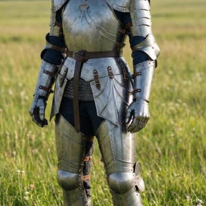 May include: A full suit of polished steel armor, including a breastplate, pauldrons, and greaves, worn over dark clothing. The armor is secured with leather straps and a belt. The person is standing in a grassy field.