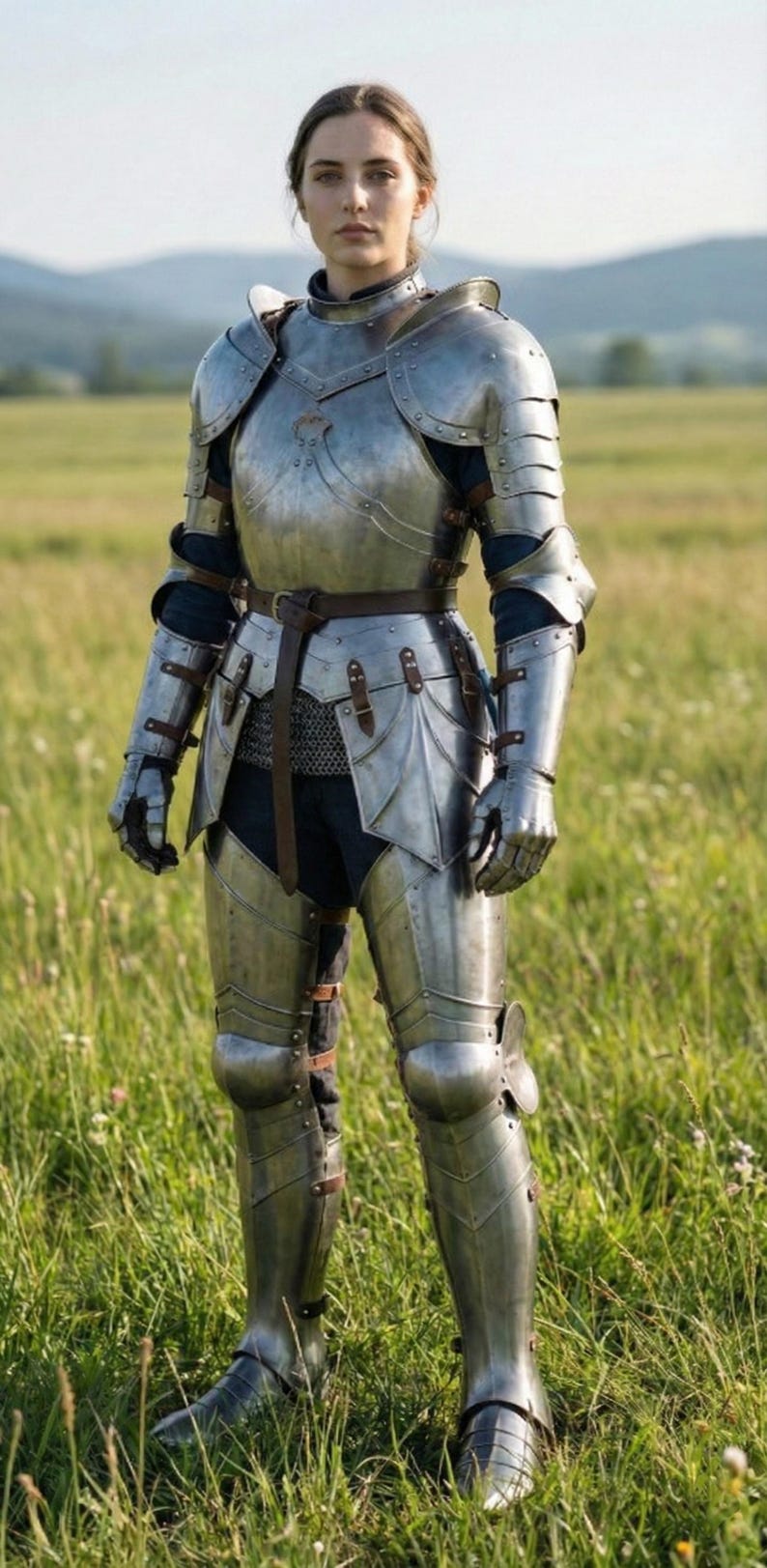 May include: A full suit of polished steel armor, including a breastplate, pauldrons, and greaves, worn over dark clothing. The armor is secured with leather straps and a belt. The person is standing in a grassy field.
