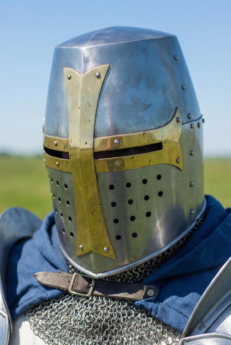 May include: A silver-colored knight's helmet with a gold cross design on the front. The helmet has small circular ventilation holes and is worn with a blue garment and chainmail.