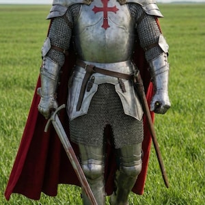 Pode incluir: Um cavaleiro com armadura completa, incluindo capacete, peitoral com uma cruz vermelha e cota de malha. O cavaleiro est&aacute; segurando uma espada e est&aacute; em um campo gramado, com uma capa vermelha.
