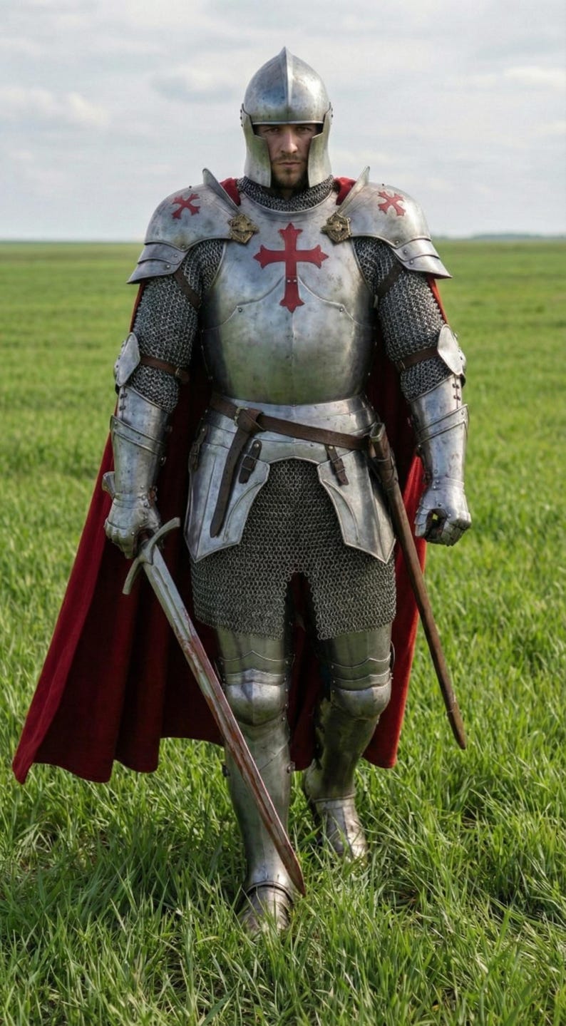 Pode incluir: Um cavaleiro com armadura completa, incluindo capacete, peitoral com uma cruz vermelha e cota de malha. O cavaleiro est&aacute; segurando uma espada e est&aacute; em um campo gramado, com uma capa vermelha.