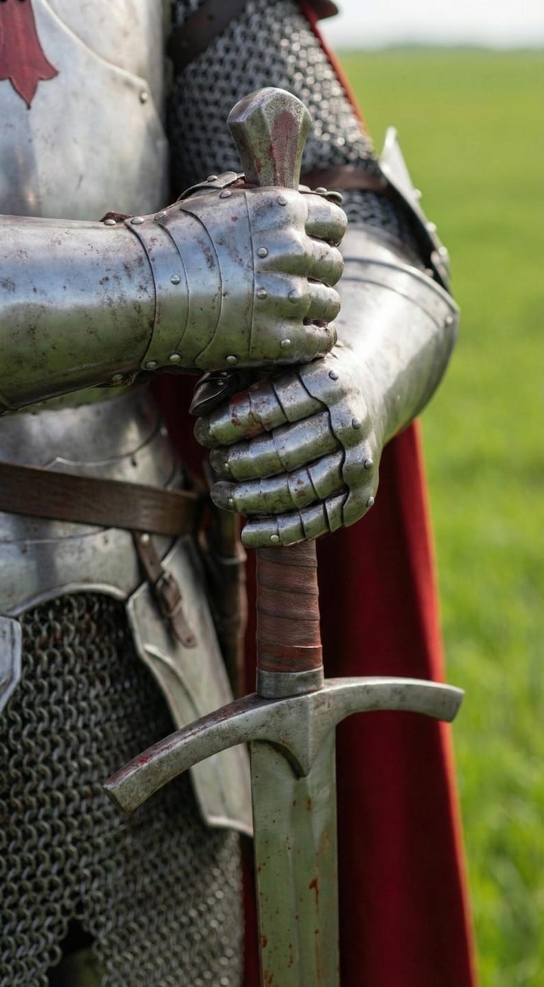 Pode incluir: Close-up de uma espada medieval segurada por uma pessoa em armadura completa. A espada tem uma guarda em forma de cruz e uma empunhadura envolta em couro. A armadura &eacute; prateada e mostra sinais de desgaste. Uma capa vermelha &eacute; vis&iacute;vel.