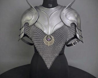 Elven Queen Armor with Chainmail | Lady Pauldrons, Gorget, Chainmail | LARP Warrior Costume | Larp & Cosplay Plate Armor