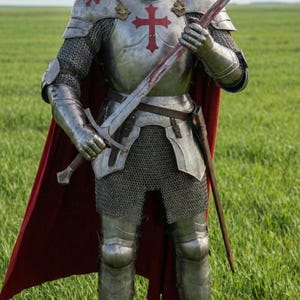 Pode incluir: Uma armadura medieval completa com um emblema de cruz vermelha no peito e nos ombros. O cavaleiro segura uma espada com uma l&acirc;mina manchada de vermelho, em p&eacute; em um campo gramado. Uma capa vermelha est&aacute; sobre os ombros.