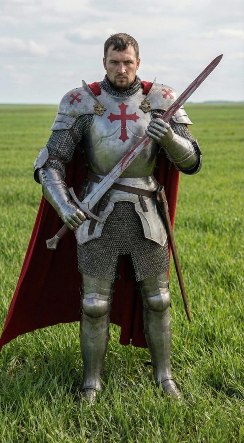 Pode incluir: Uma armadura medieval completa com um emblema de cruz vermelha no peito e nos ombros. O cavaleiro segura uma espada com uma l&acirc;mina manchada de vermelho, em p&eacute; em um campo gramado. Uma capa vermelha est&aacute; sobre os ombros.