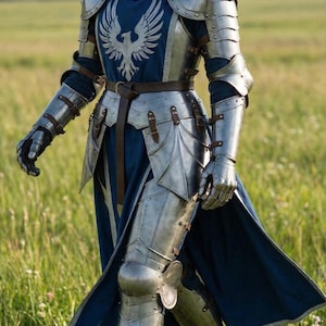May include: A person wearing full plate armor with a blue tunic and a silver eagle emblem. The armor includes a helmet, shoulder plates, arm and leg protection, and gauntlets. The person is walking in a grassy field.