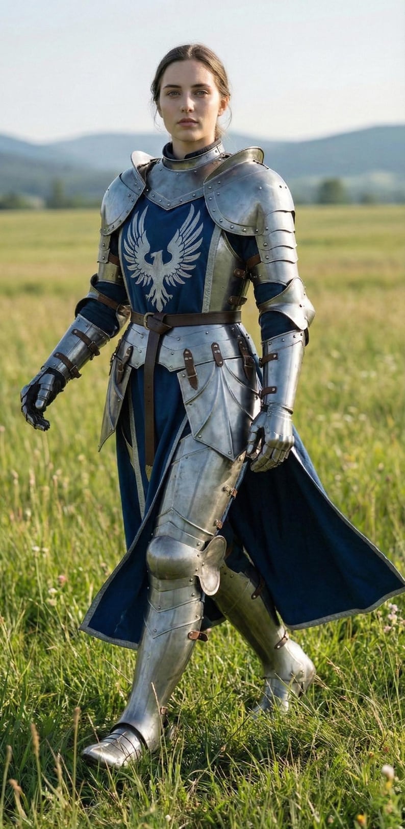 May include: A person wearing full plate armor with a blue tunic and a silver eagle emblem. The armor includes a helmet, shoulder plates, arm and leg protection, and gauntlets. The person is walking in a grassy field.