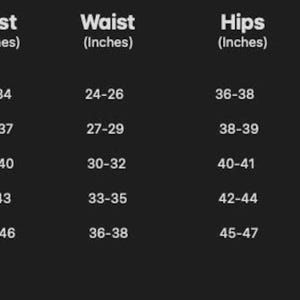 May include: Size chart with measurements in inches for bust, waist, hips, and height range. Sizes range from XS to XL. Bust measurements are 32-46 inches, waist 24-38 inches, hips 36-47 inches, and height 5'0"-5'10".