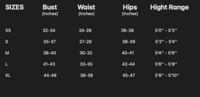 May include: Size chart with measurements in inches for bust, waist, hips, and height range. Sizes range from XS to XL. Bust measurements are 32-46 inches, waist 24-38 inches, hips 36-47 inches, and height 5'0"-5'10".