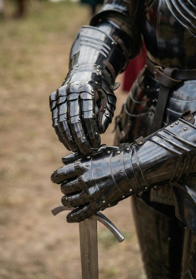 May include: Close-up of black, articulated knight's armor, including gauntlets and a portion of the chest and arm protection. The gauntlets are holding a silver sword. The armor has a reflective, polished surface.