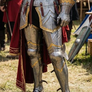 May include: Close-up of medieval armor, showcasing polished metal plates with gold accents. The armor includes leg and arm protection, with a red cape visible. The design suggests historical reenactment or costume use.