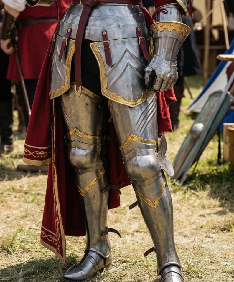 May include: Close-up of medieval armor, showcasing polished metal plates with gold accents. The armor includes leg and arm protection, with a red cape visible. The design suggests historical reenactment or costume use.