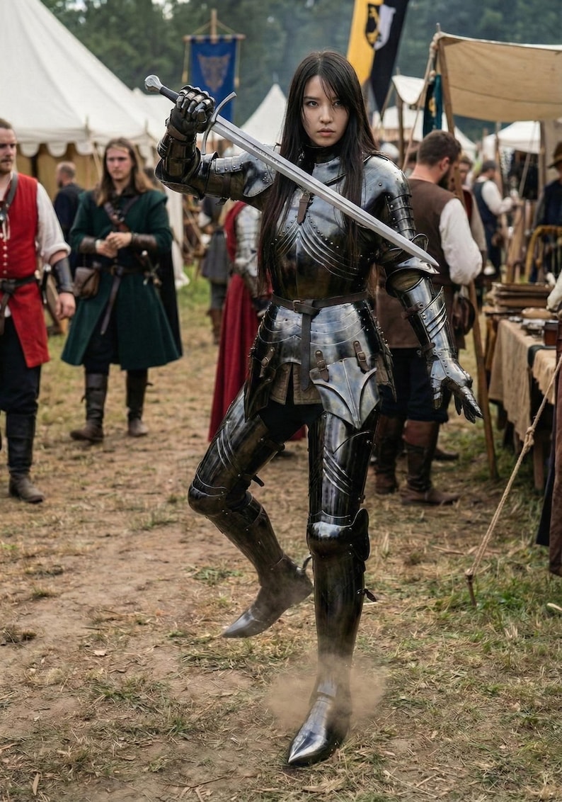 May include: A person in full black armor, holding a sword aloft. The armor is highly polished, reflecting the light. The scene appears to be at a medieval fair or reenactment, with other costumed people in the background.