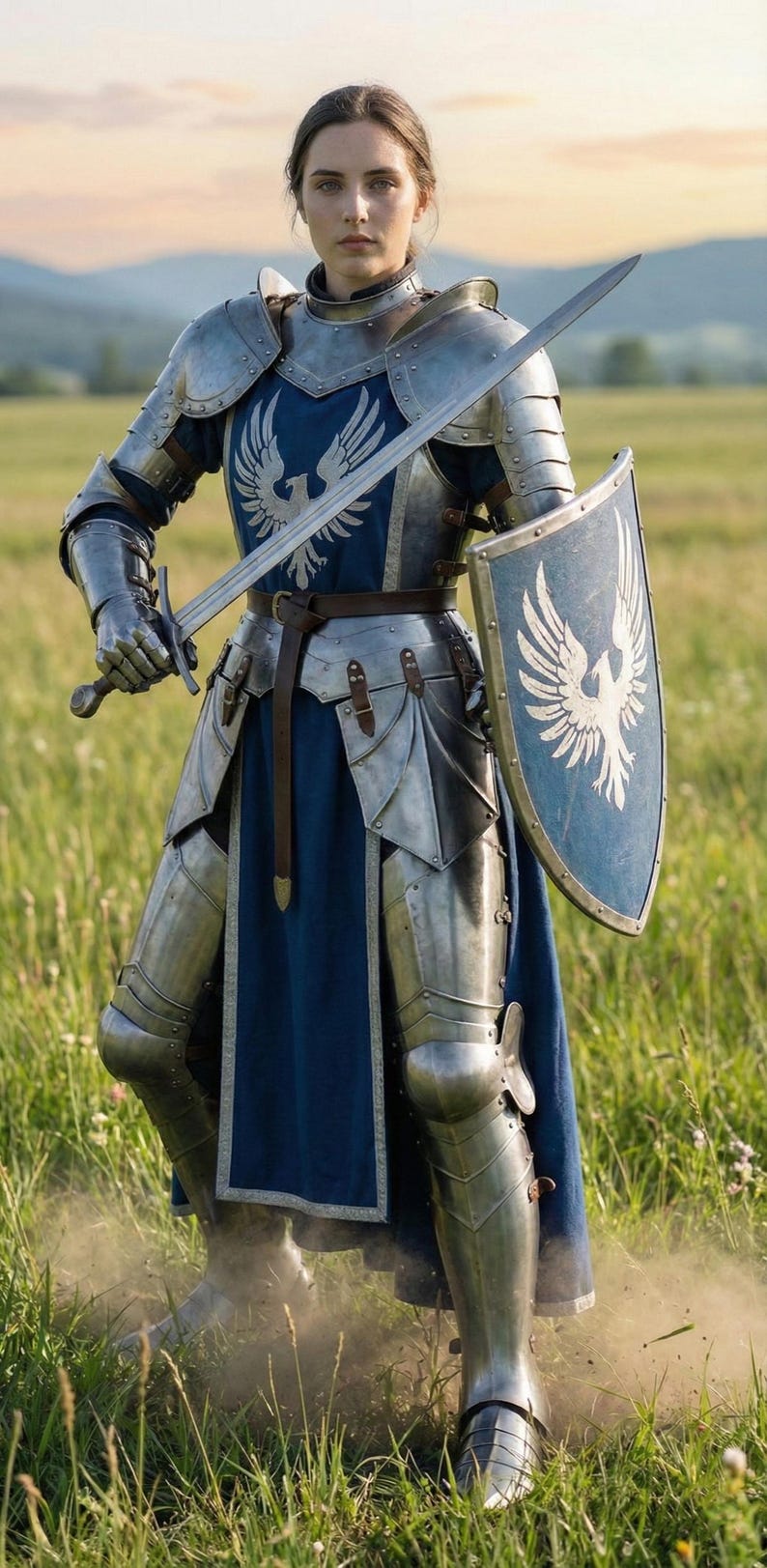 May include: A person in full plate armor, holding a sword and shield, stands in a grassy field. The armor is silver with blue accents and a stylized bird emblem. The shield also features the bird emblem.