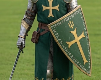 Crusader Knight Green Surcoat with Gold Cross, Ranger Style Medieval Armor, Viking Runes Shield & Full Plate Armor Set for Halloween
