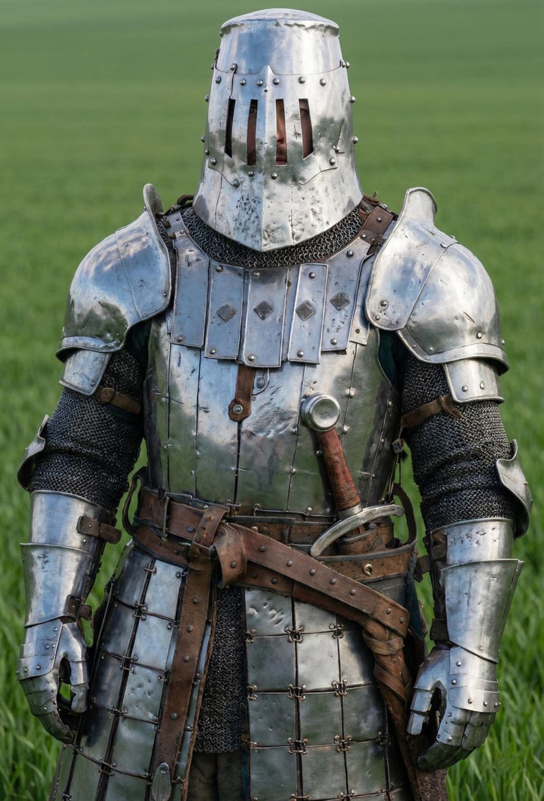 May include: A full suit of medieval armor, crafted from polished metal, stands in a field of green grass. The armor includes a helmet, chest plate, shoulder guards, and gauntlets. A sword is sheathed at the waist, secured by a brown leather belt.